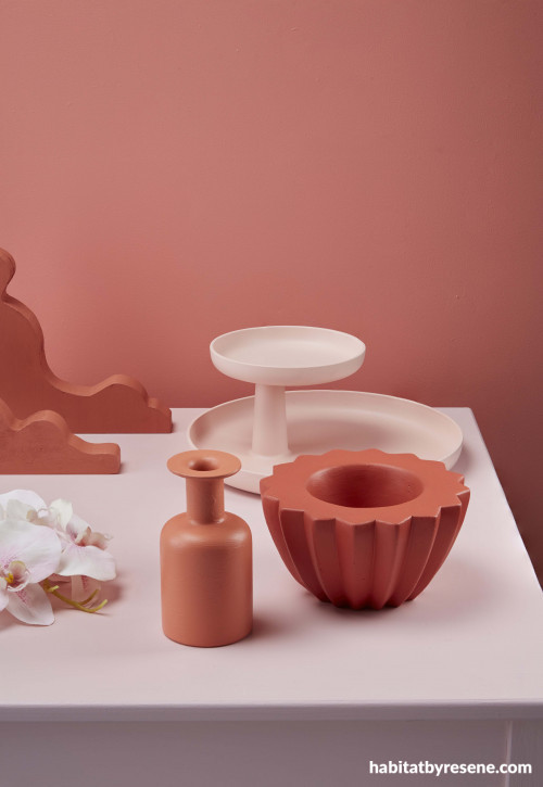 pink colour palette, table display, interior styling, pink paint, Resene Glorious, table, tone