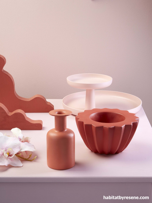 pink colour palette, table display, interior styling, pink paint, Resene Sakura, table, tone
