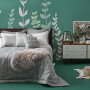 green feature wall, green bedroom, stenciled wall art, vine wall art, nature inspired bedroom