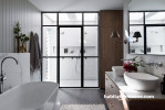 ensuite, bathroom, black and grey bathroom, monochromatic bathroom, marble splashback