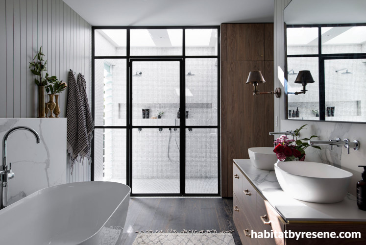 ensuite, bathroom, black and grey bathroom, monochromatic bathroom, marble splashback