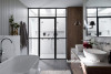 ensuite, bathroom, black and grey bathroom, monochromatic bathroom, marble splashback