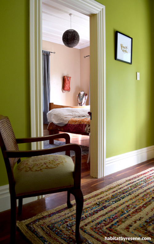 green, hallway, hall, entranceway, peach, citron