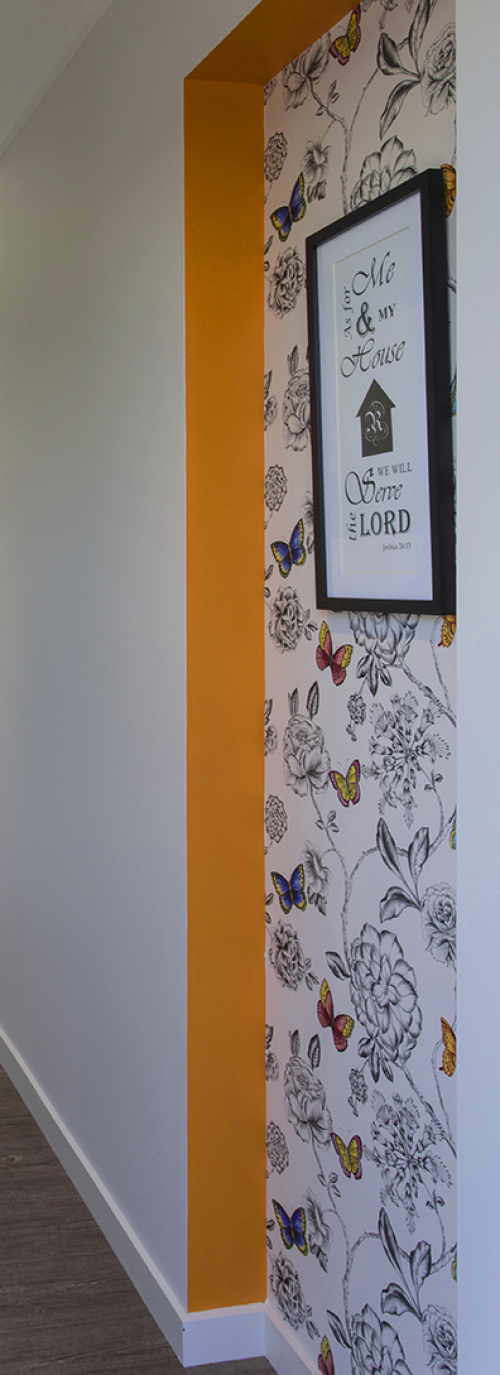 1970s house, paint ideas,  paint trends, feature wall, hallway, wall paper