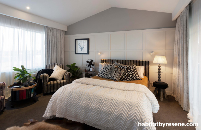 master bedroom, white bedroom, white and grey bedroom, paneled feature wall, neutrals