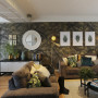 wallpaper feature wall, patterned wallpaper, lounge, living room, green living room, grasscloth