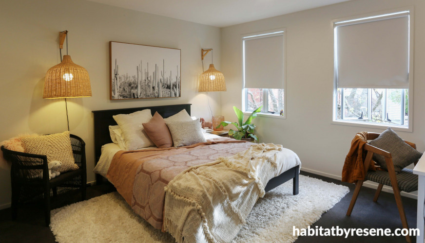 white bedroom, pink and white bedroom, daughters bedroom, resene half milk, resene alabaster