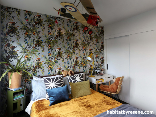 bedroom, wallpaper feature wall, animal wallpaper, kids bedroom, childrens bedroom, white