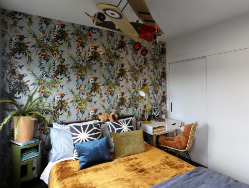 bedroom, wallpaper feature wall, animal wallpaper, kids bedroom, childrens bedroom, white