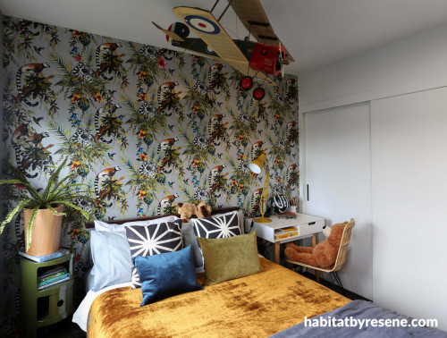bedroom, wallpaper feature wall, animal wallpaper, kids bedroom, childrens bedroom, white