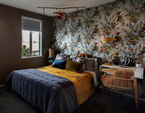 bedroom,. wallpaper feature wall, animal wallpaper, kids bedroom, childrens bedroom