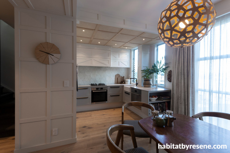 kitchen, white kitchen, white batten walls, white dining room, resene milk white, grey cabinets