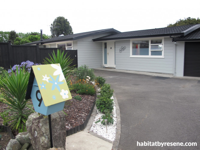 1970s home, retro house, house exterior, grey exterior, letterbox, quirky letterbox