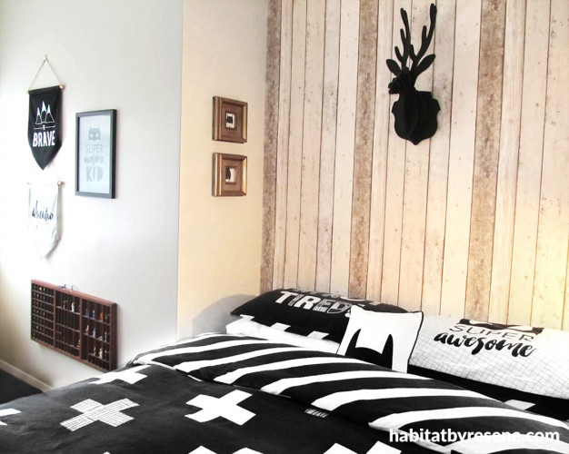 bedroom, kids bedroom, childrens bedroom, white bedroom, black and white bedroom, wood feature