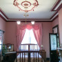 bedroom, pink bedroom, pink and red paint, ceiling rose, metallic gold, ceiling