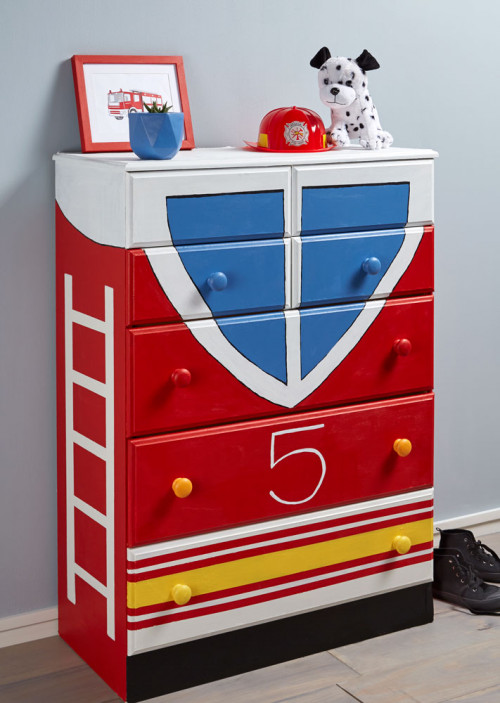 firetruck, painted drawers, firetruck drawers, resene rocket, kids diy, painted furniture