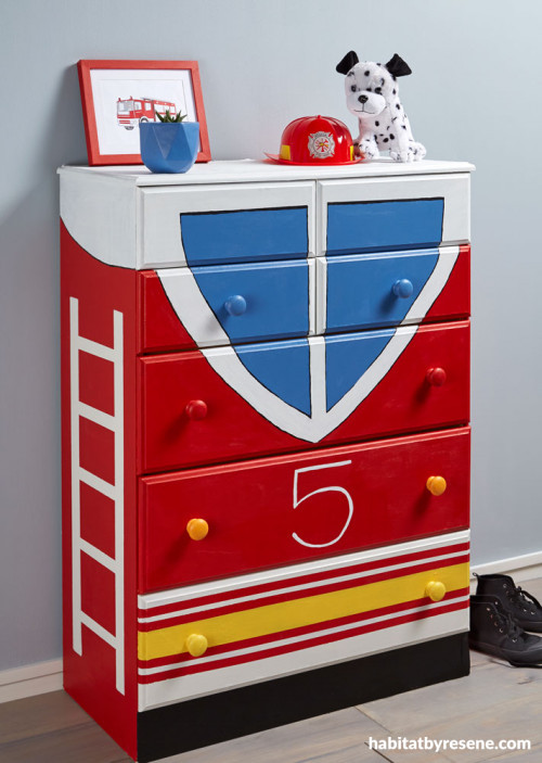 firetruck, painted drawers, firetruck drawers, resene rocket, kids diy, painted furniture