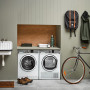 laundry, grey laundry, khaki laundry, laundry storage, tiled floor, timber splashback
