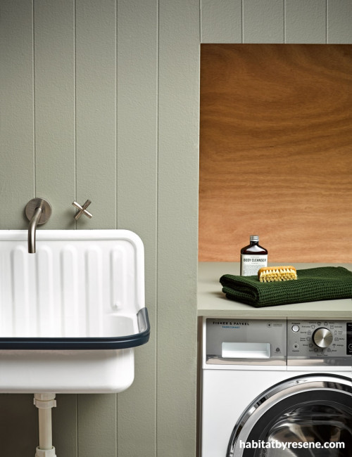 laundry, grey laundry, khaki laundry, laundry storage, timber splashback, industrial style sink