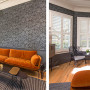 lounge, living room, wallpaper feature wall, grey wallpaper, grey and orange interior, grey lounge