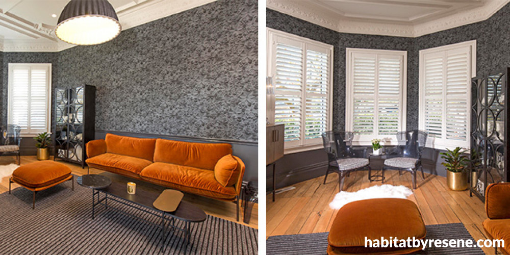 lounge, living room, wallpaper feature wall, grey wallpaper, grey and orange interior, grey lounge