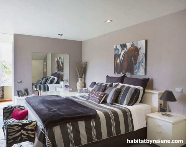 neutral bedroom, painted feature wall, brown bedroom, brown and white paint