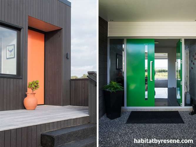 orange front door, green front door, house exterior, front door ideas, entranceway