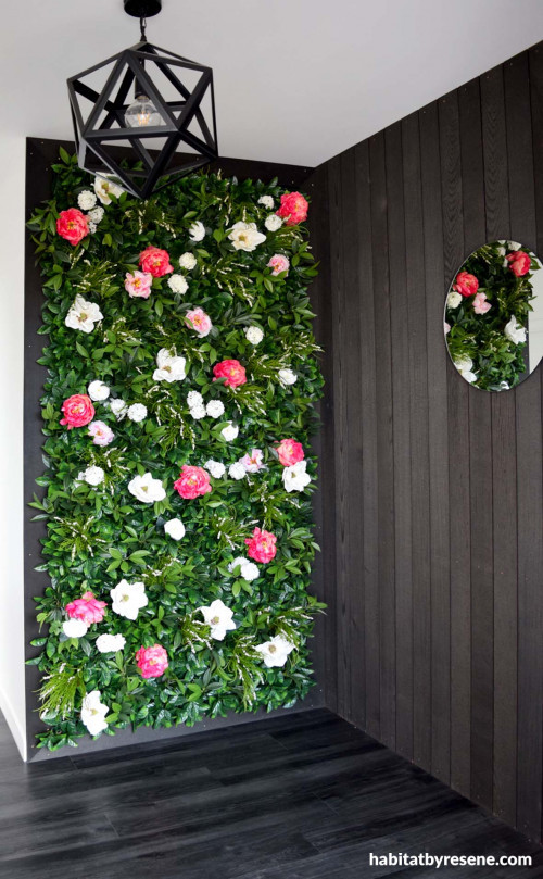 floral feature wall, entranceway, floral entranceway, flower wall, black entranceway, monochromatic 