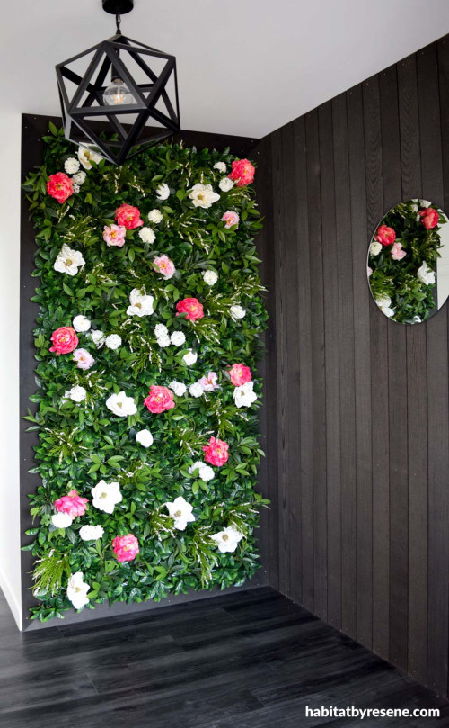 floral feature wall, entranceway, floral entranceway, flower wall, black entranceway, monochromatic