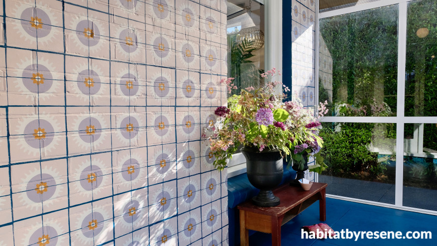 conservatory, patterned tiles, tiled feature wall, painted tiles, blue floor, blue conservatory