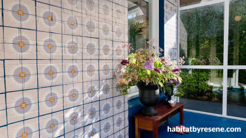 conservatory, patterned tiles, tiled feature wall, painted tiles, blue floor, blue conservatory