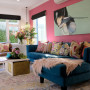 living room, lounge, pink lounge, pink feature wall, blue sofa, pink and blue, resene rouge