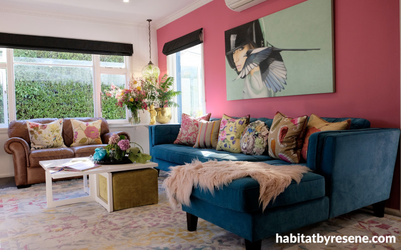 living room, lounge, pink lounge, pink feature wall, blue sofa, pink and blue, resene rouge