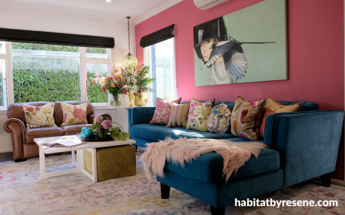 living room, lounge, pink lounge, pink feature wall, blue sofa, pink and blue, resene rouge