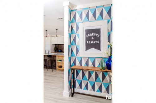 geometric wallpaper, entranceway, white paint, feature wall, hallway