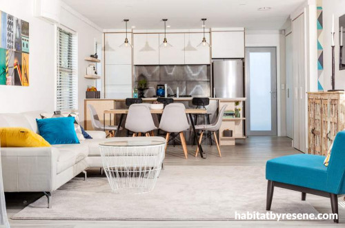 white kitchen, metallic splashback, white dining room, lounge, metallic and white