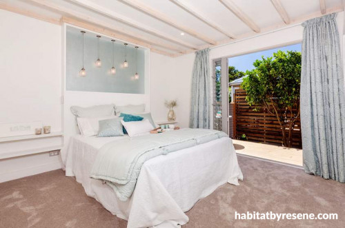 master bedroom, jar lights, white bedroom, metallic paint, feature wall, indoor-outdoor flow