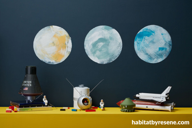 kids, children, resene blue bark, planet wall, resene fx nightlight, glow in the dark