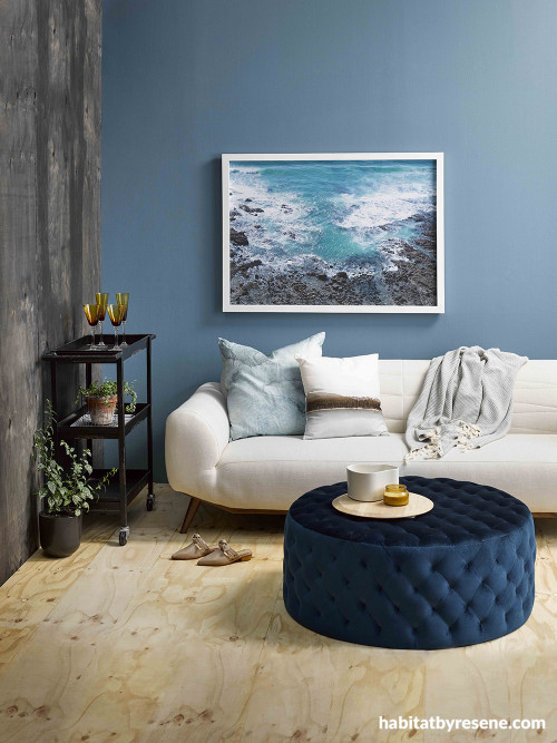 blue walls, blue exterior, gather magazine, amber armitage, resene blues, resene blue, lounge