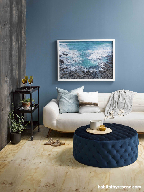 blue walls, blue exterior, gather magazine, amber armitage, resene blues, resene blue, lounge