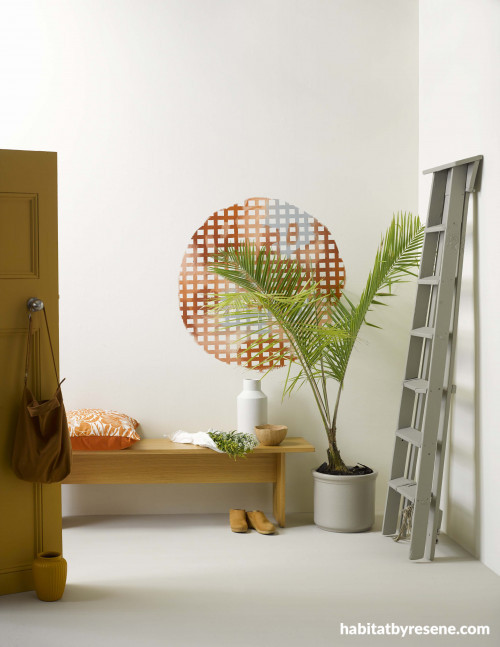White hallway, paint, Resene Quarter Spanish Cream, DIY artwork, testpots, interior