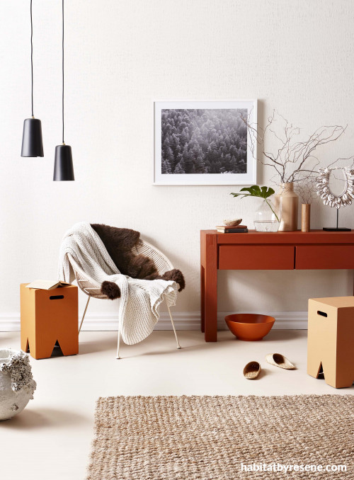 Resene Albescent White, paint, warm whites, interior, terracotta accessories, wallpaper