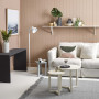 living room, lounge, pink living room, brown living room, white couch, grey rug