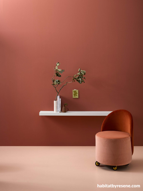 Douglas and Bec, interior, bold, tonal, rose, orange, paint, terracotta, Resene Apple Blossom