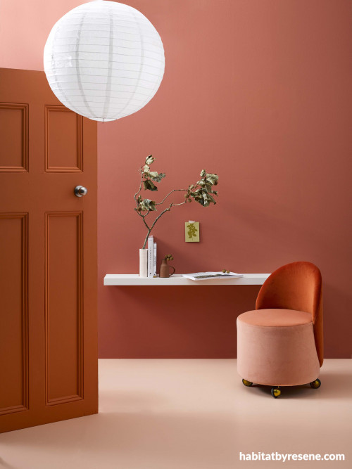 Douglas and Bec, interior, bold, tonal, rose, orange, paint, terracotta, Resene Apple Blossom