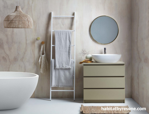 bathroom, neutrals, scandi inspired, scandi bathroom, plywood bathroom, plywood feature wall