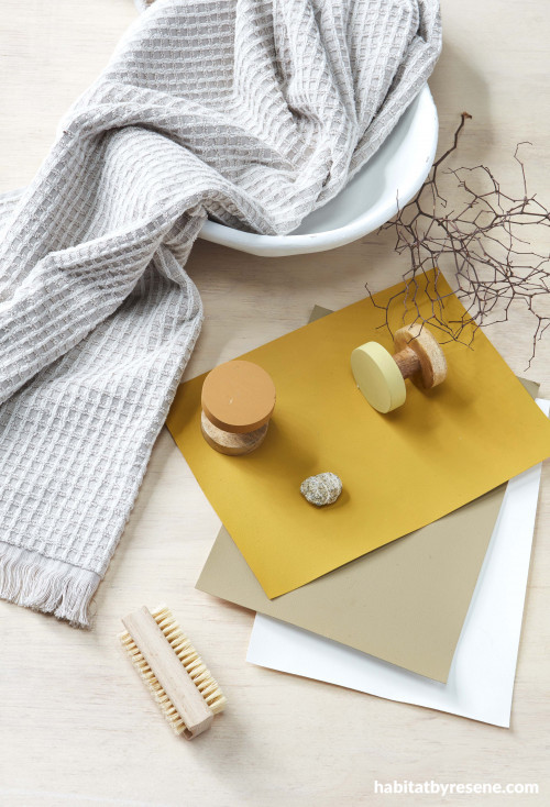 mustard yellow, interior inspiration, moodboard, plywood interior, bathroom inspiration