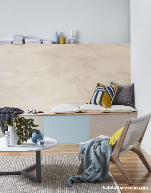 sitting room, reading room, benchseat, plywood feature, blue paint, beach inspiration 