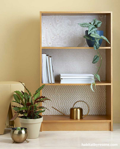 diy, gold, wallpaper, shelves, resene gold dust