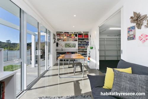 Garage extension, workshop, white, grey, sliding doors, light, interior, shelving, study